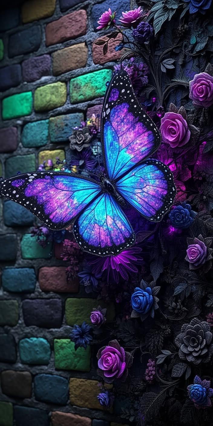 Neon Galaxy Butterfly Floral Wallpaper