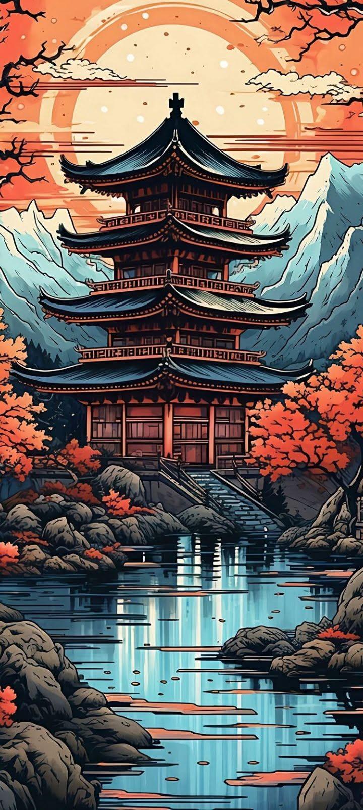 Japanese Pagoda Landscape Wallpaper
