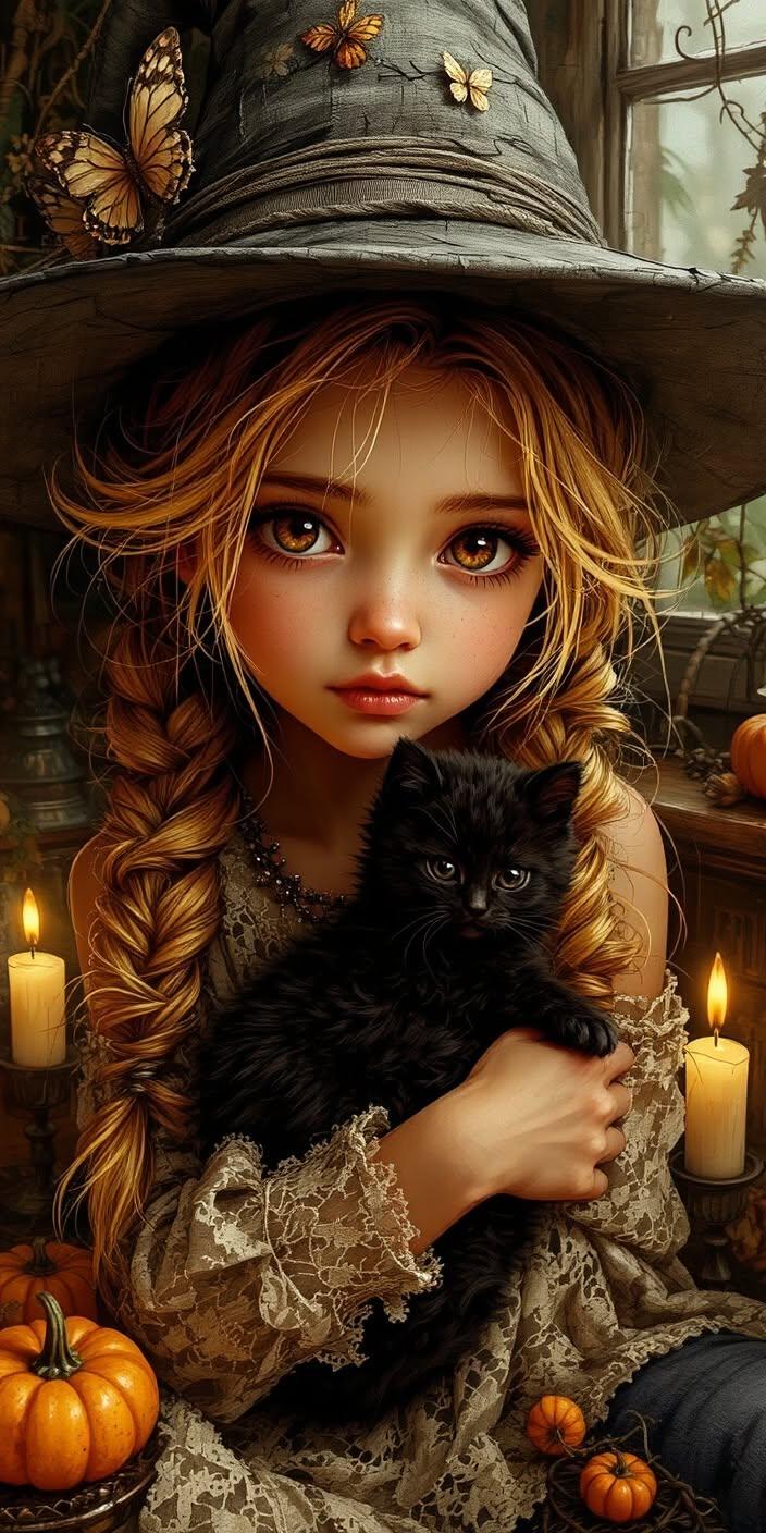 Witch Girl and Black Kitten Wallpaper