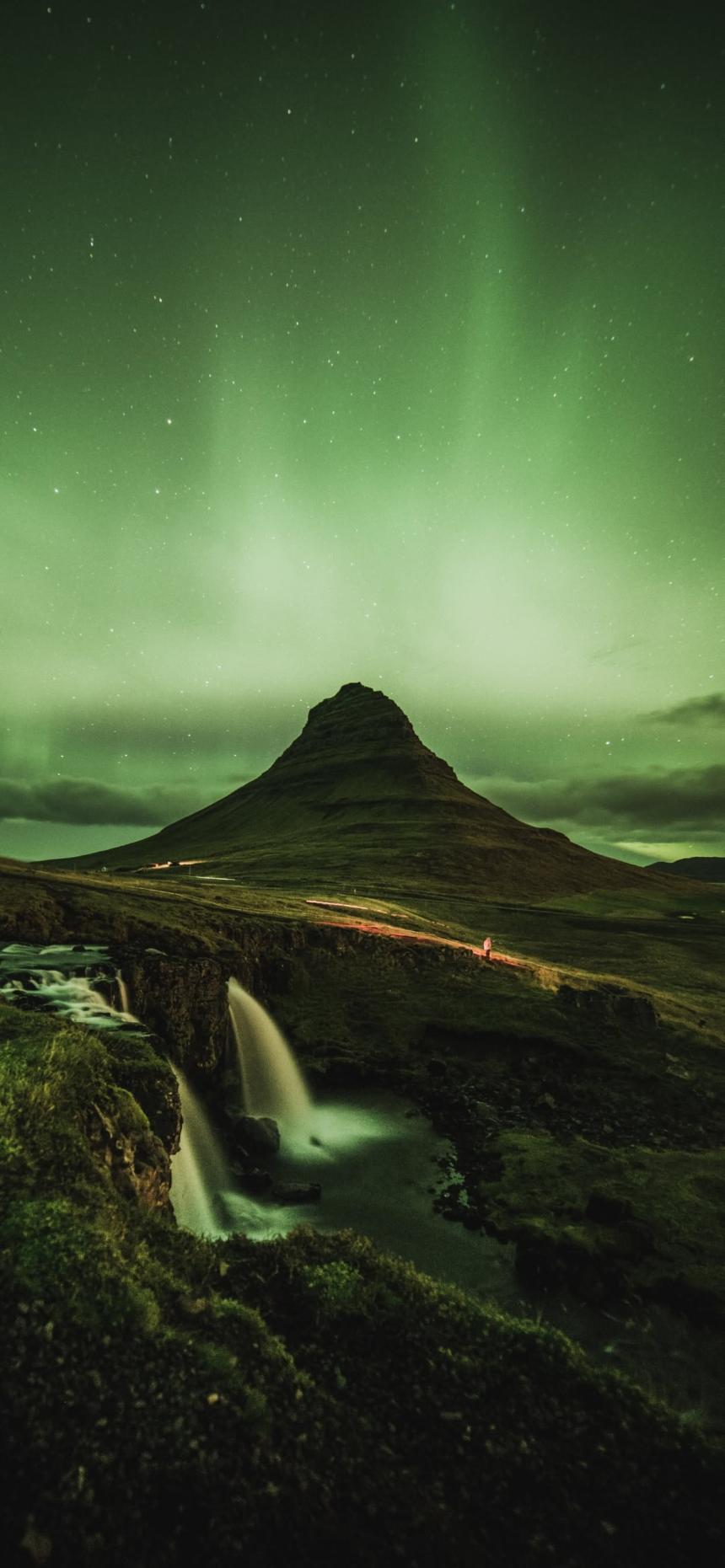 Aurora Mountain Waterfall Night Wallpaper