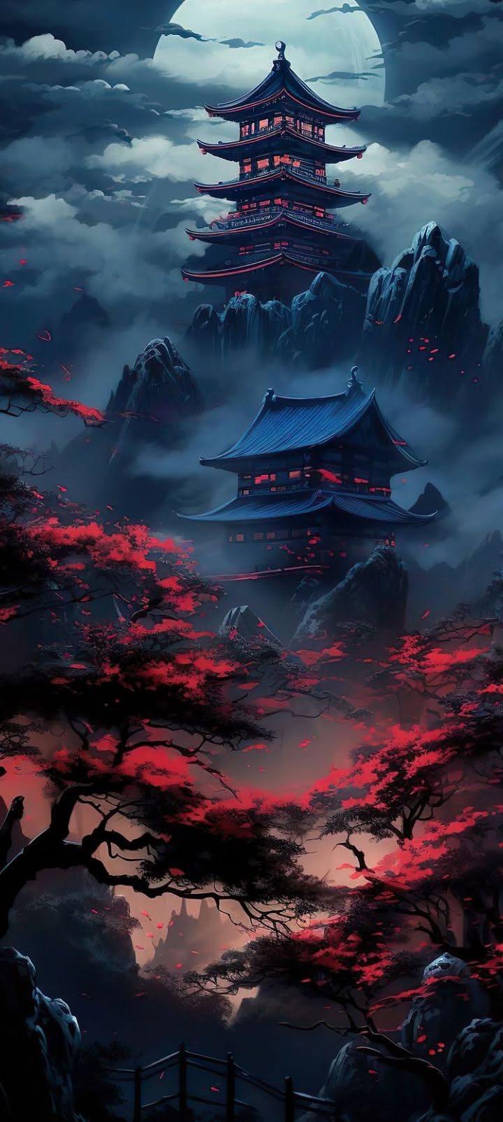Moonlit Pagoda Fantasy Wallpaper