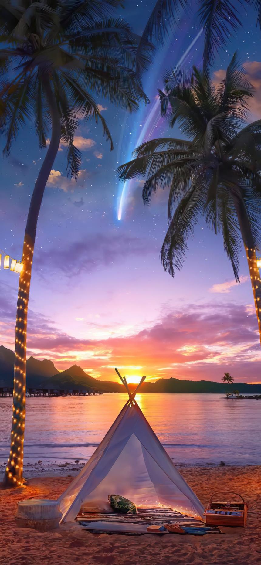 Tropical Sunset Beach Camping Wallpaper