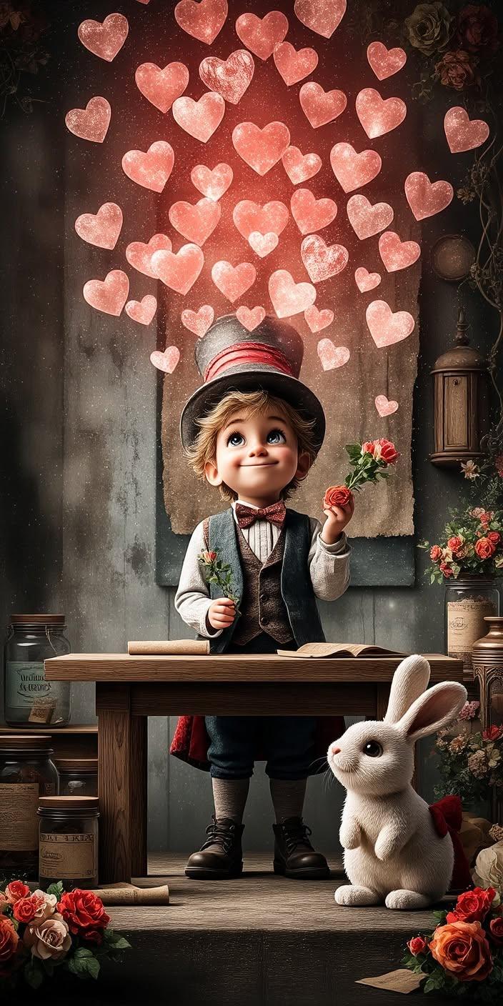 Cute Valentine Boy Wallpaper – Hearts & Bunny 4K
