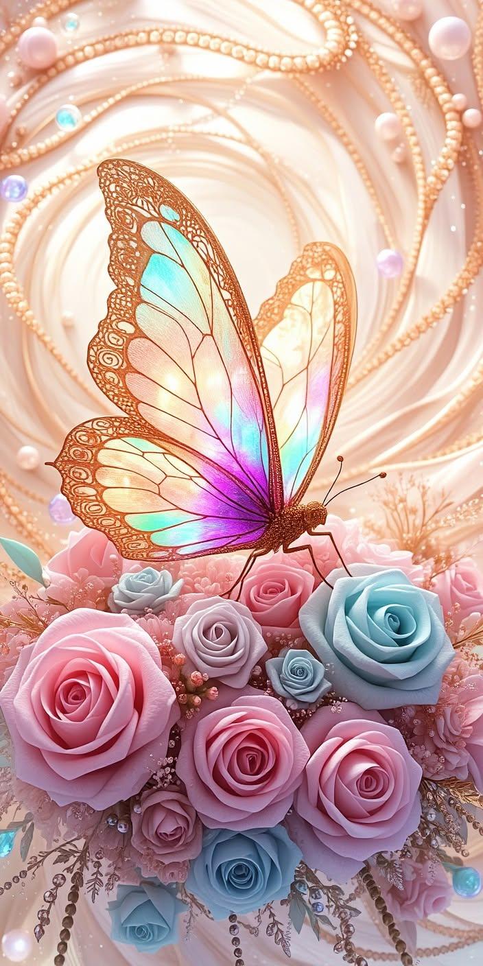 Pastel Butterfly Roses Wallpaper – Dreamy Floral 4K