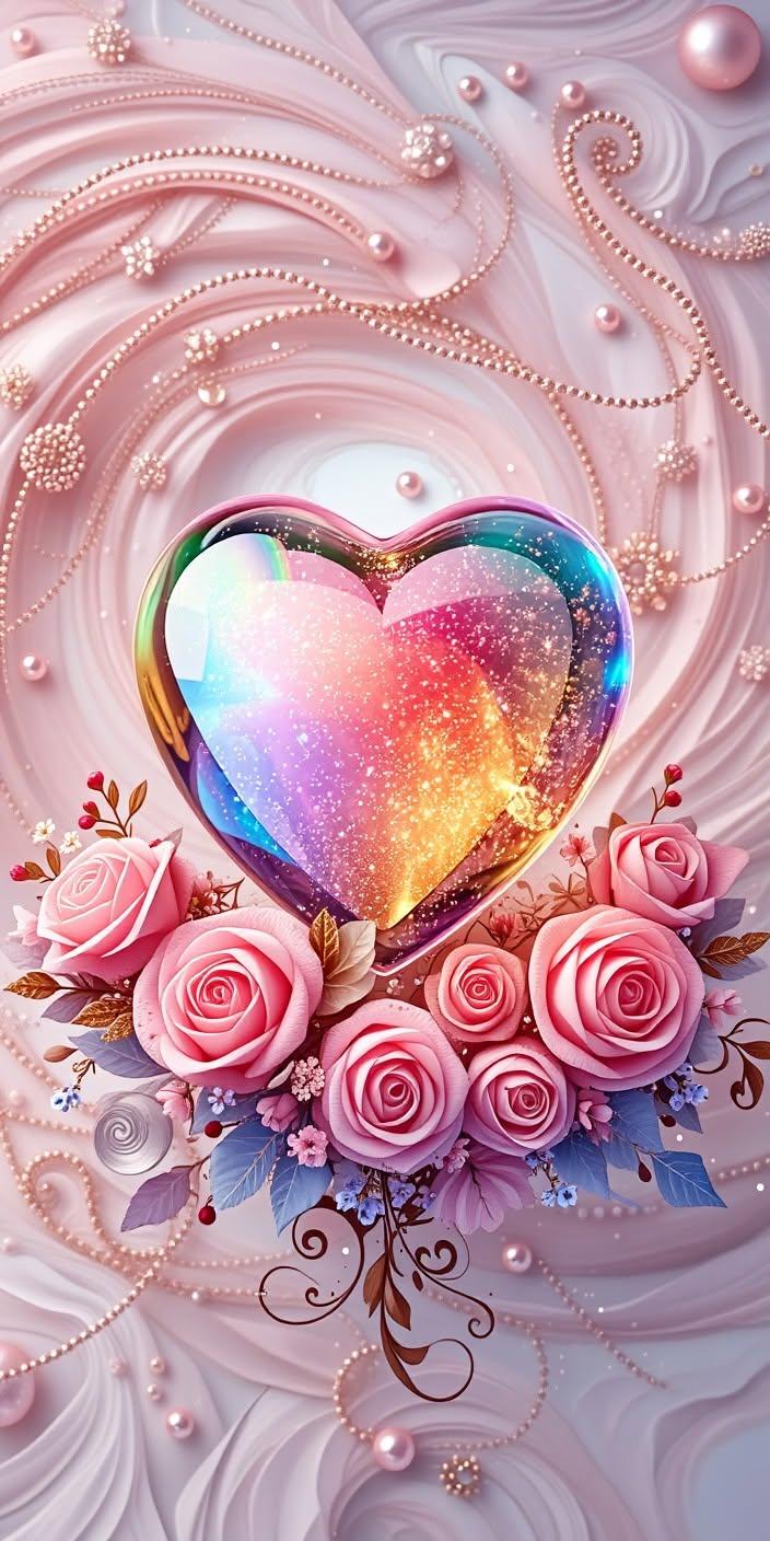 Rainbow Crystal Heart & Pink Roses Wallpaper