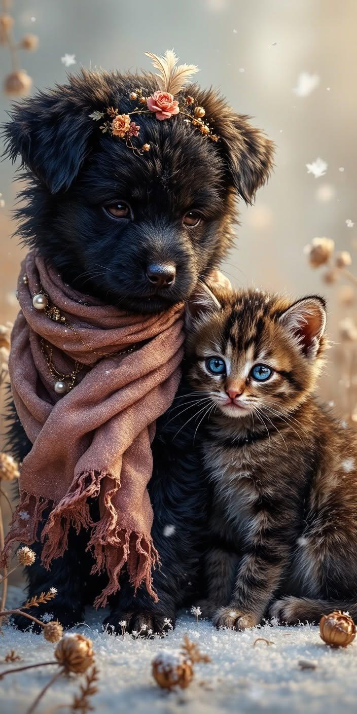 Adorable Puppy & Blue-Eyed Kitten | Cozy Winter Wallpaper