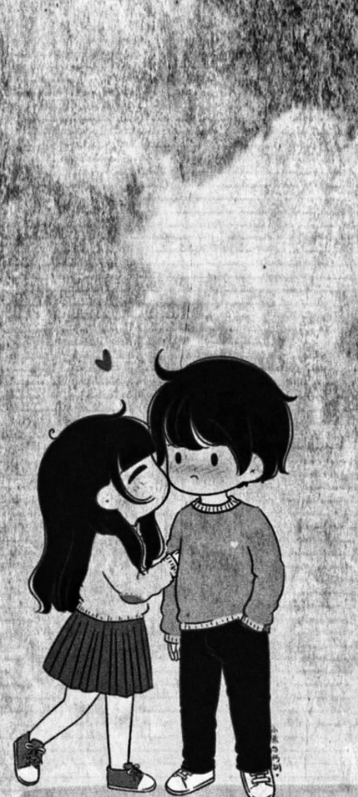 Cute Anime Couple Love | Black & White Wallpaper