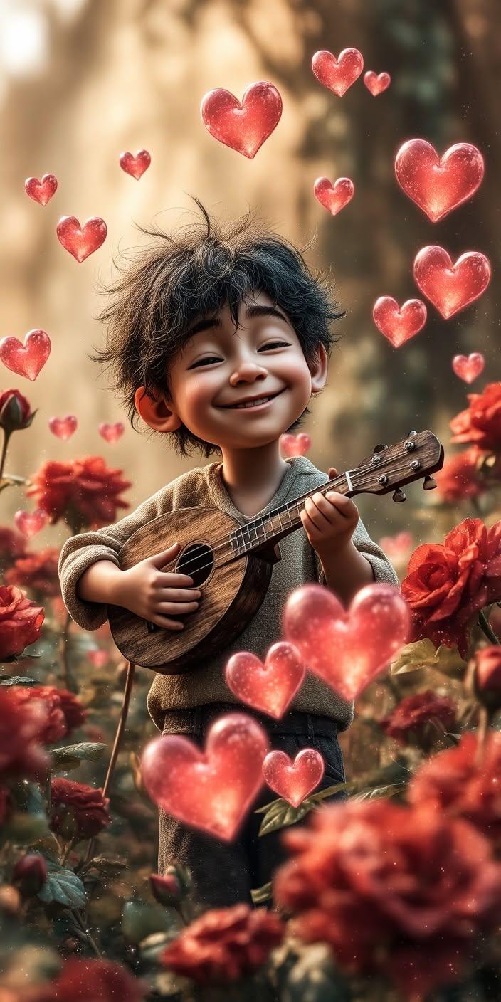 Cute Boy Playing Ukulele | Romantic Heart Wallpaper