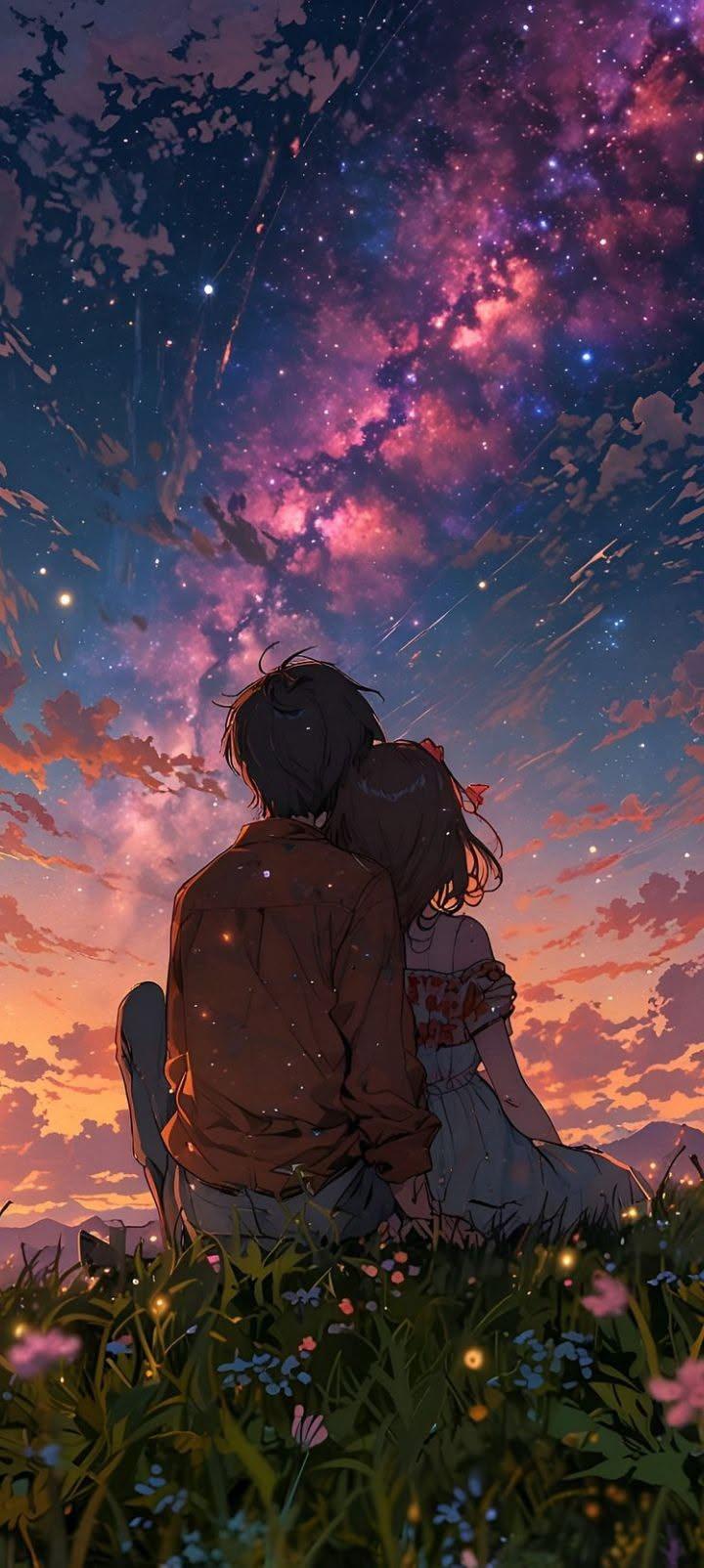 Romantic Anime Couple Under the Galaxy | Dreamy Love Wallpaper