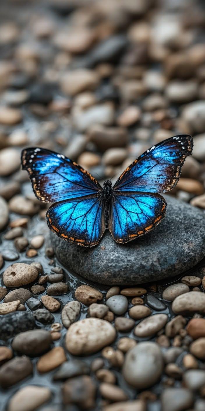 Blue Butterfly on River Stones | Nature Aesthetic Wallpaper