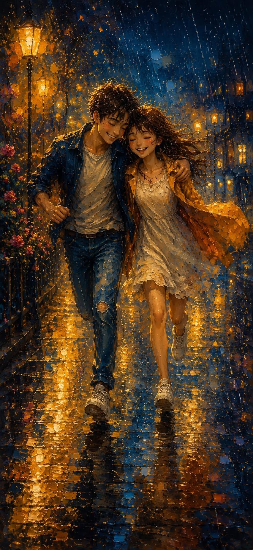Romantic Rainy Night Walk – Dreamy Love Art Wallpaper