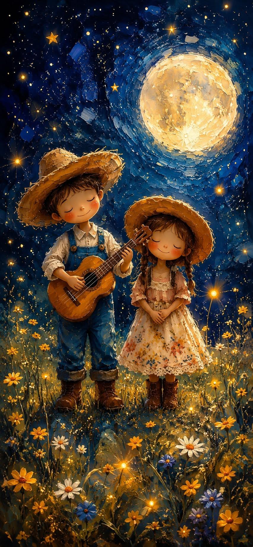 Moonlit Melody | Whimsical Kids Art Wallpaper