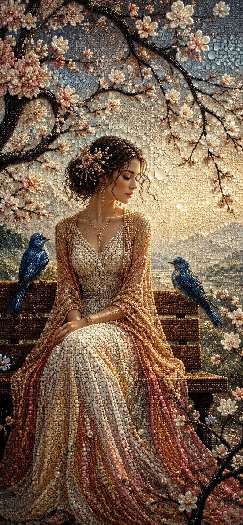 Elegant Bead Art Lady with Bluebirds | Spring Blossom Wallpaper