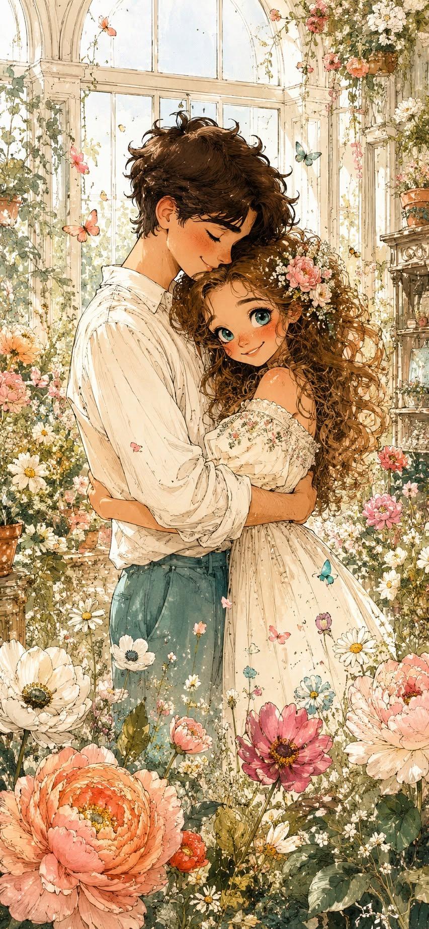 Whimsical Floral Love Embrace Wallpaper