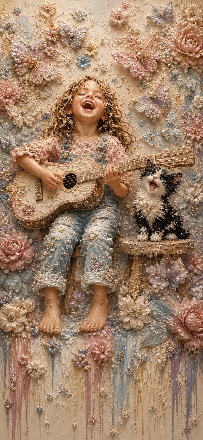 Joyful Guitar Melody with Singing Kitten Wallpaper
