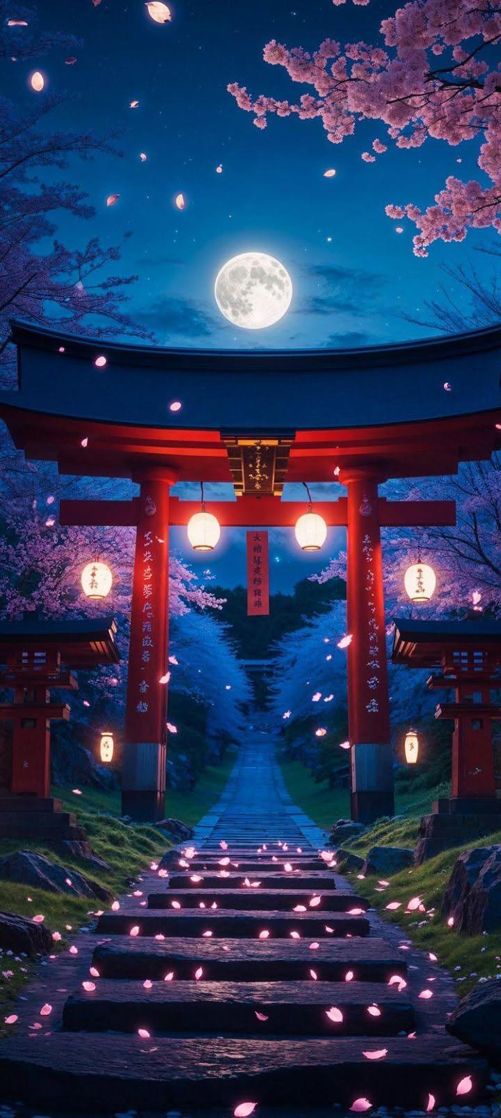 Moonlit Sakura Shrine Path Wallpaper