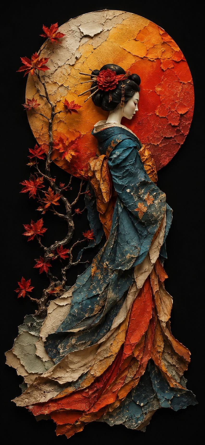 Elegant Geisha Paper Sculpture Wallpaper