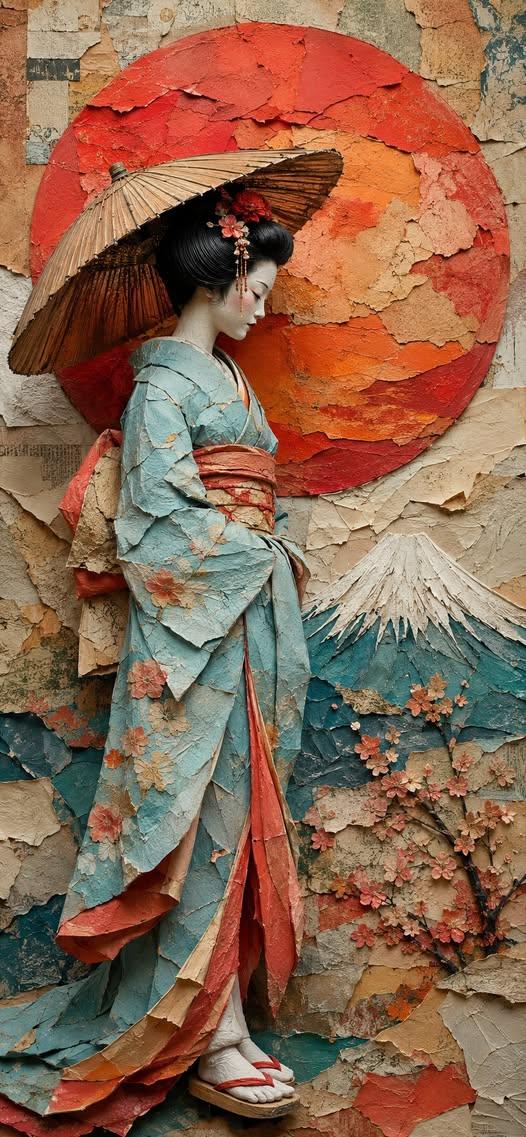 Japanese Geisha Paper Sculpture Wallpaper
