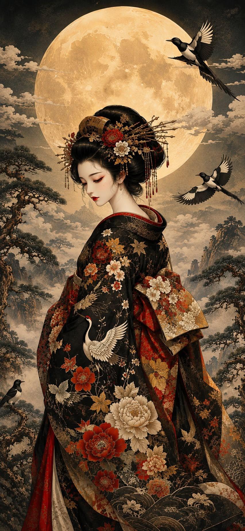 Moonlit Geisha & Crane Elegance Wallpaper