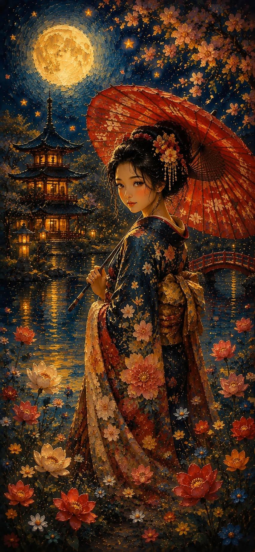 Moonlit Geisha with Crimson Parasol Wallpaper
