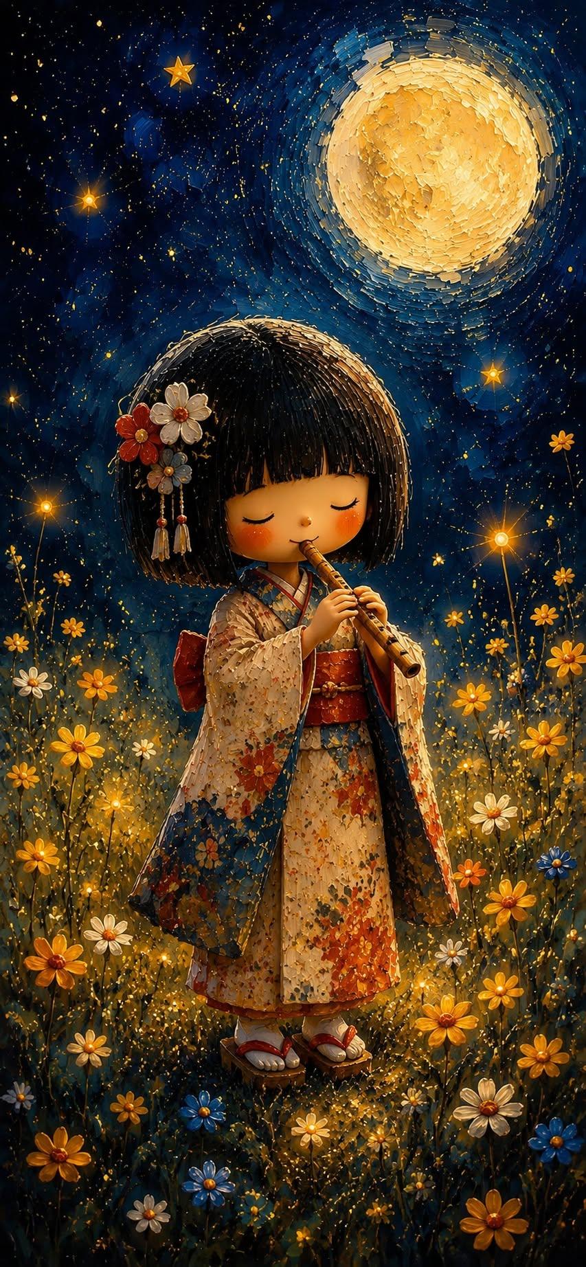 Moonlit Melody – Japanese Kokeshi Doll Fantasy Wallpaper