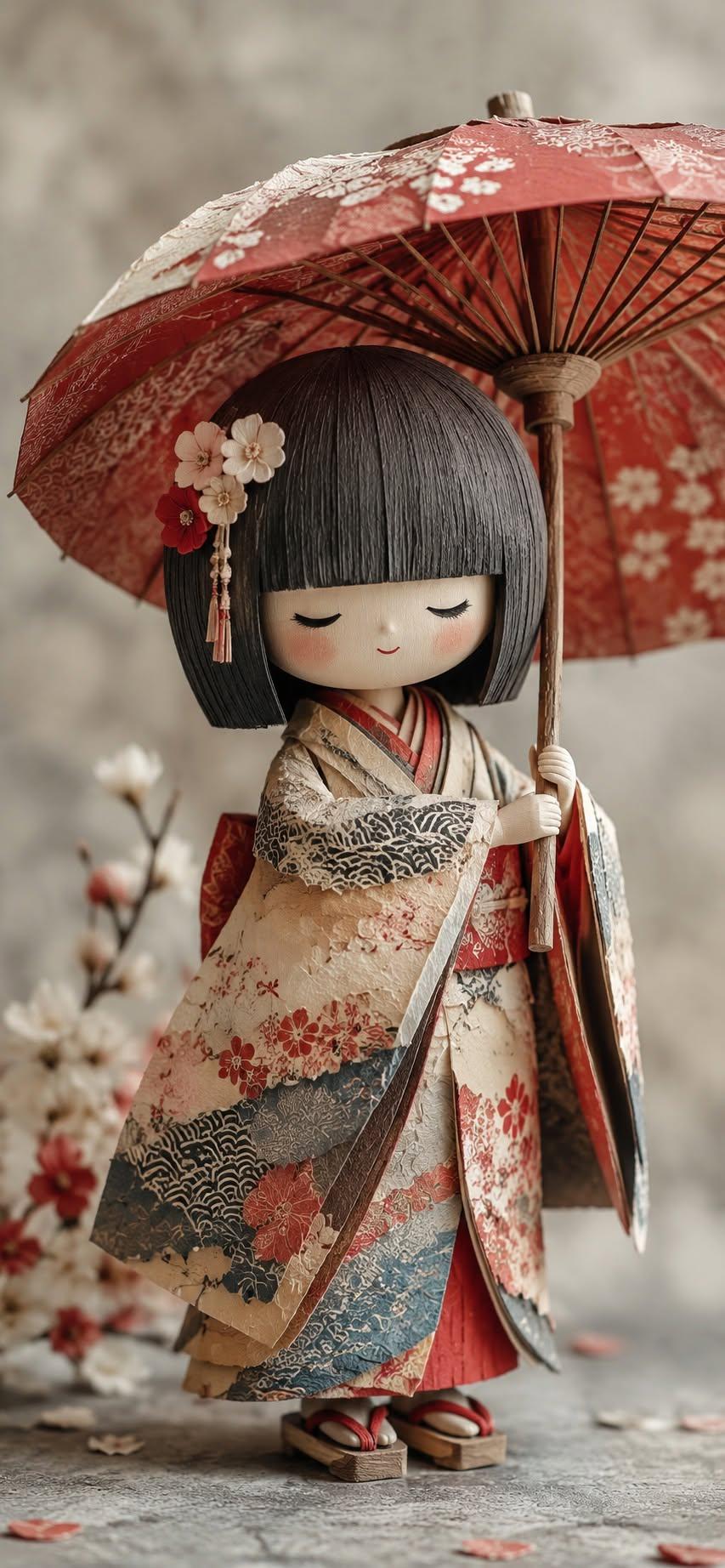 Elegant Kokeshi Doll with Sakura Umbrella Wallpaper