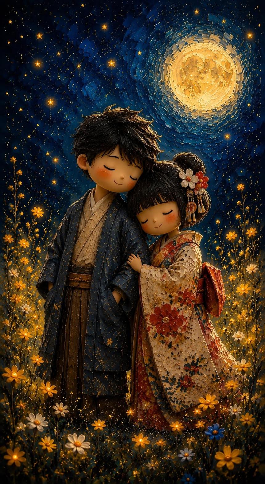 Moonlit Kokeshi Romance – Japanese Fantasy Love Wallpaper