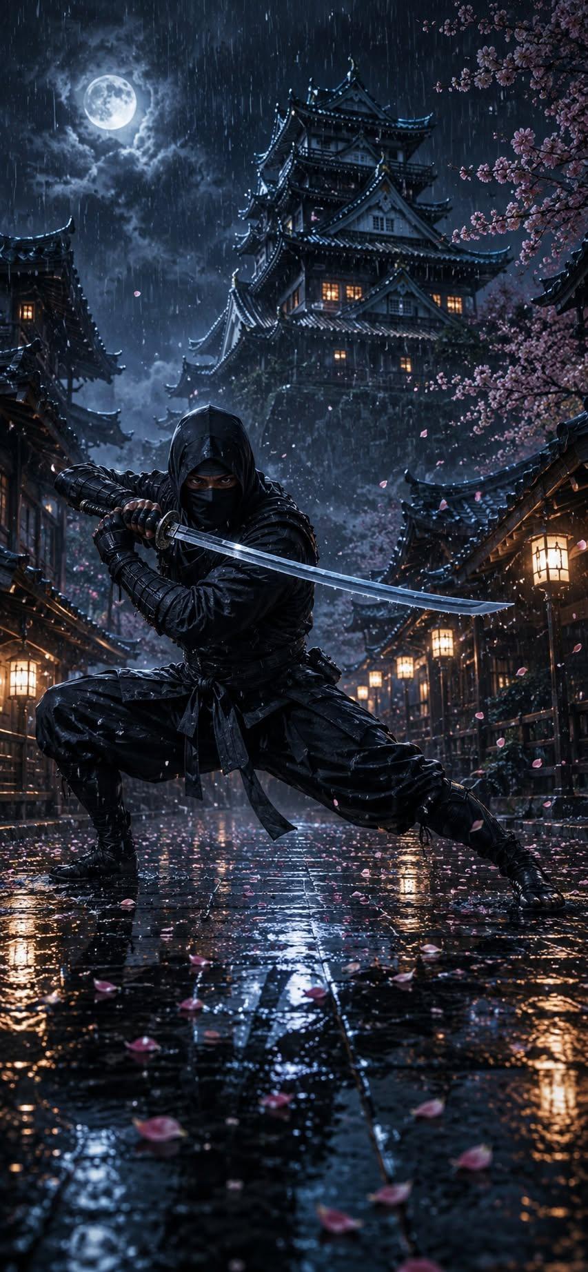 Moonlit Ninja in the Rain – Japanese Castle Night Wallpaper