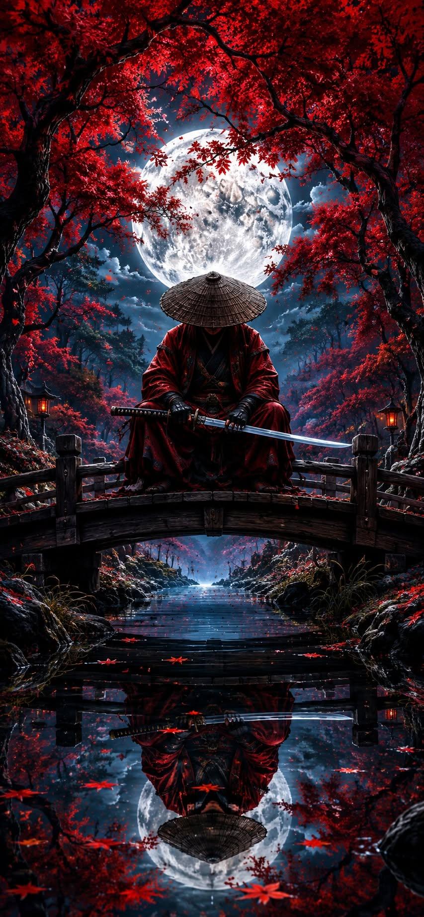 Crimson Moon Ronin – Samurai Bridge Night Wallpaper