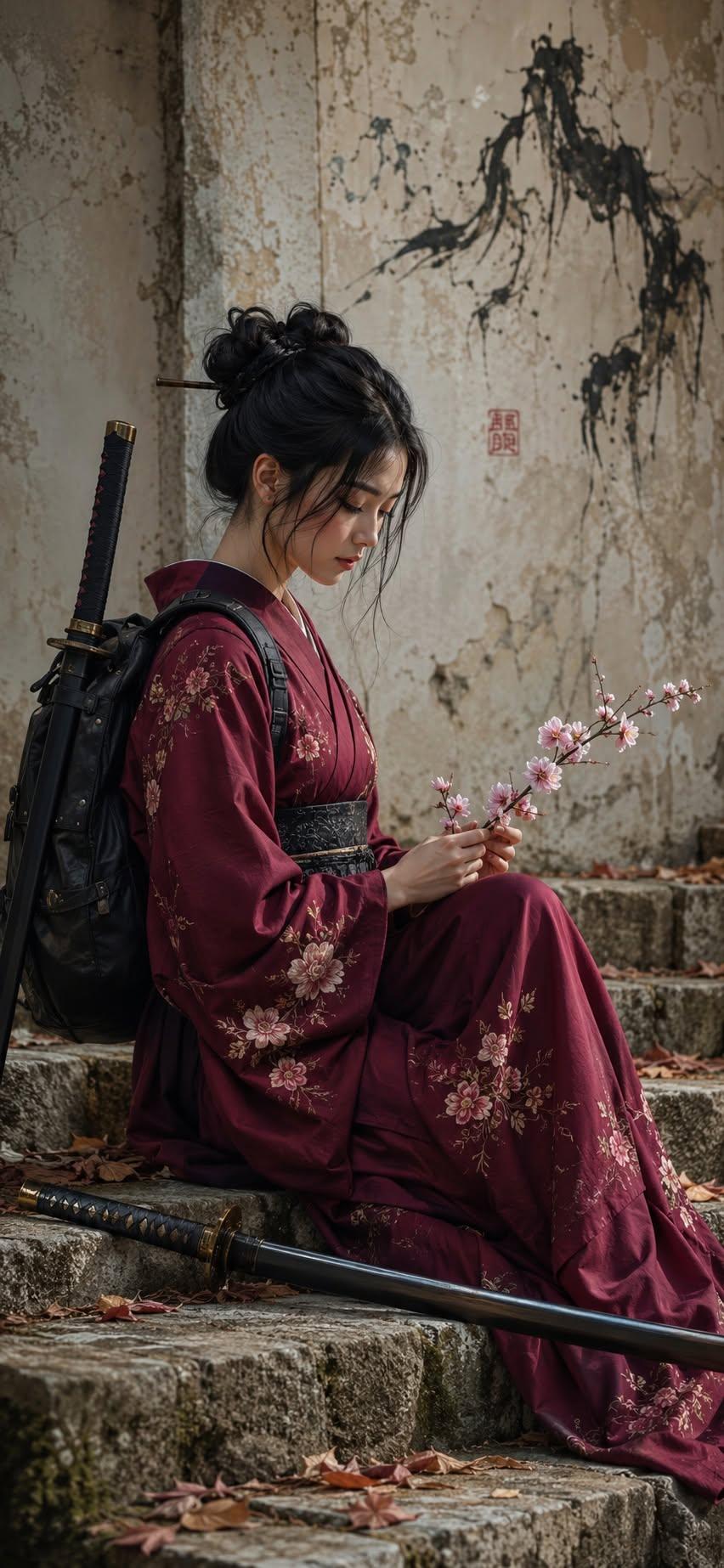 Silent Sakura Warrior – Japanese Kimono Wallpaper
