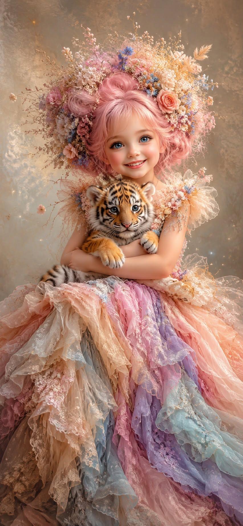 Blossom Princess and Baby Tiger – Fantasy Wallpaper