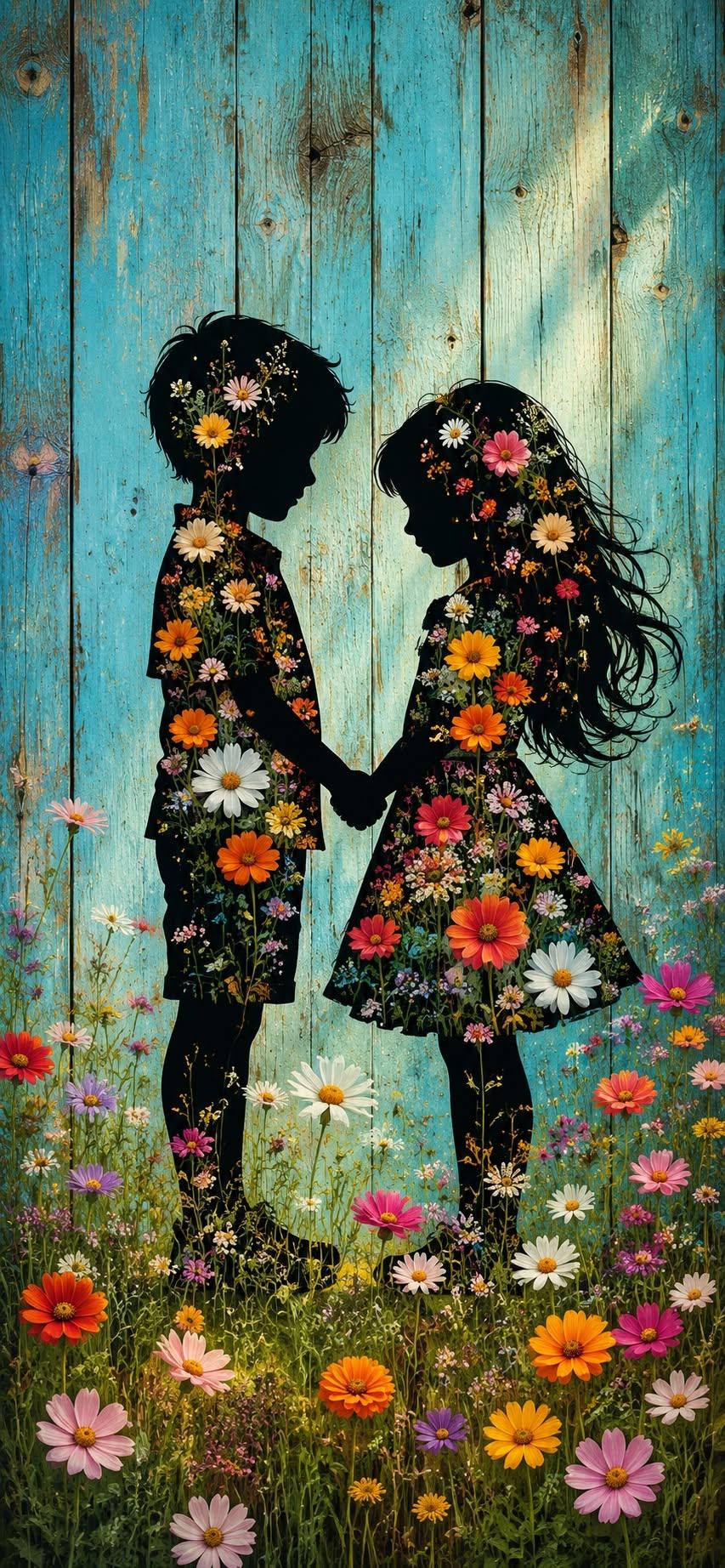 Blooming Childhood Bond – Floral Silhouette Wallpaper