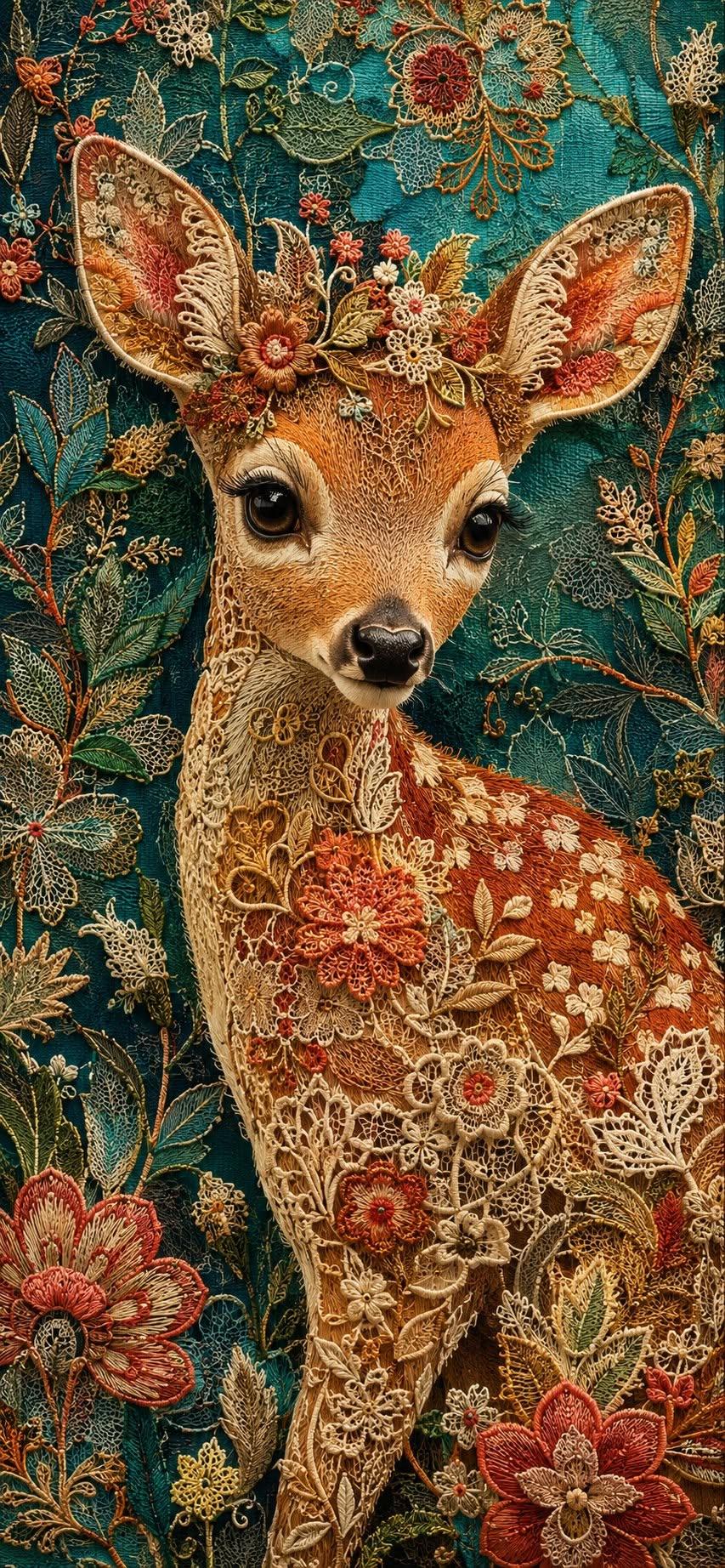 Floral Lace Fawn – Embroidered Woodland Wallpaper