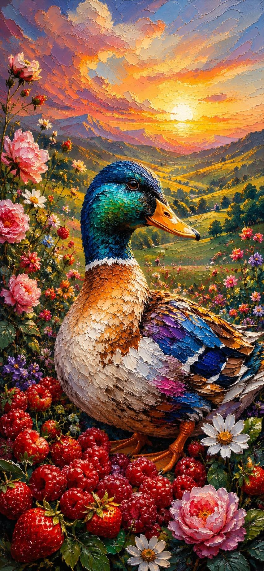 Vibrant Mallard at Sunset – Impressionist Nature Wallpaper