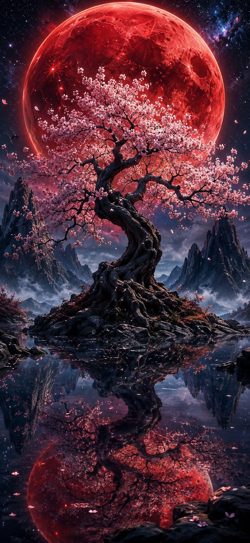 Crimson Moon Sakura – Fantasy Night Wallpaper