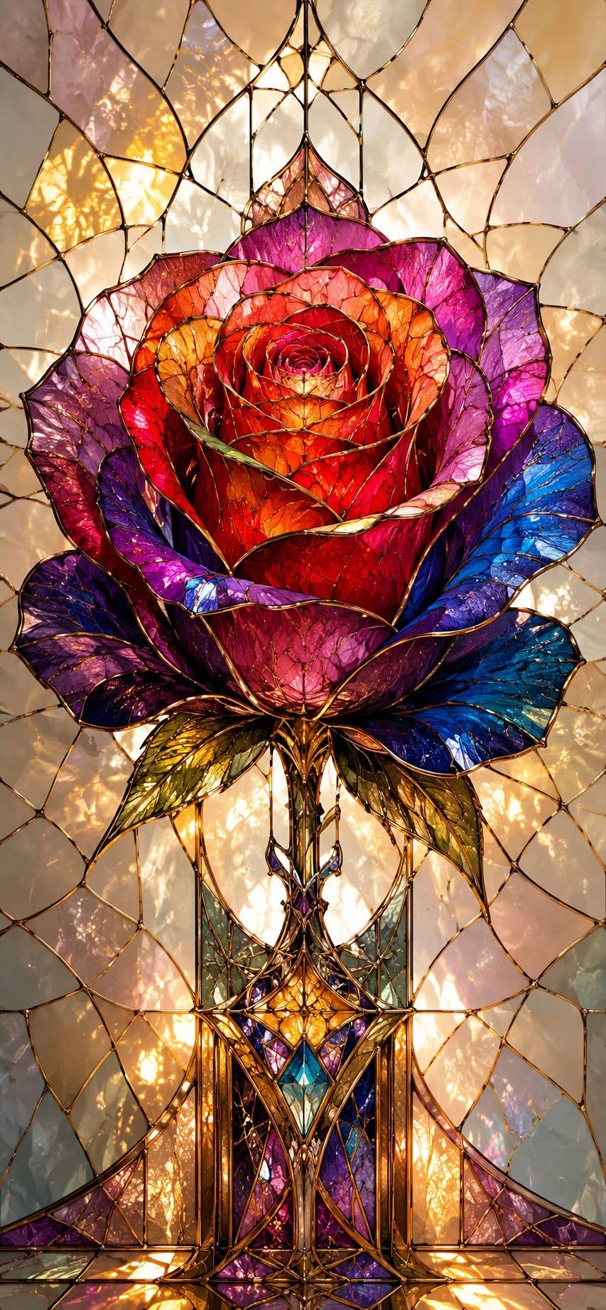 Radiant Stained Glass Rose – Floral Art Wallpaper