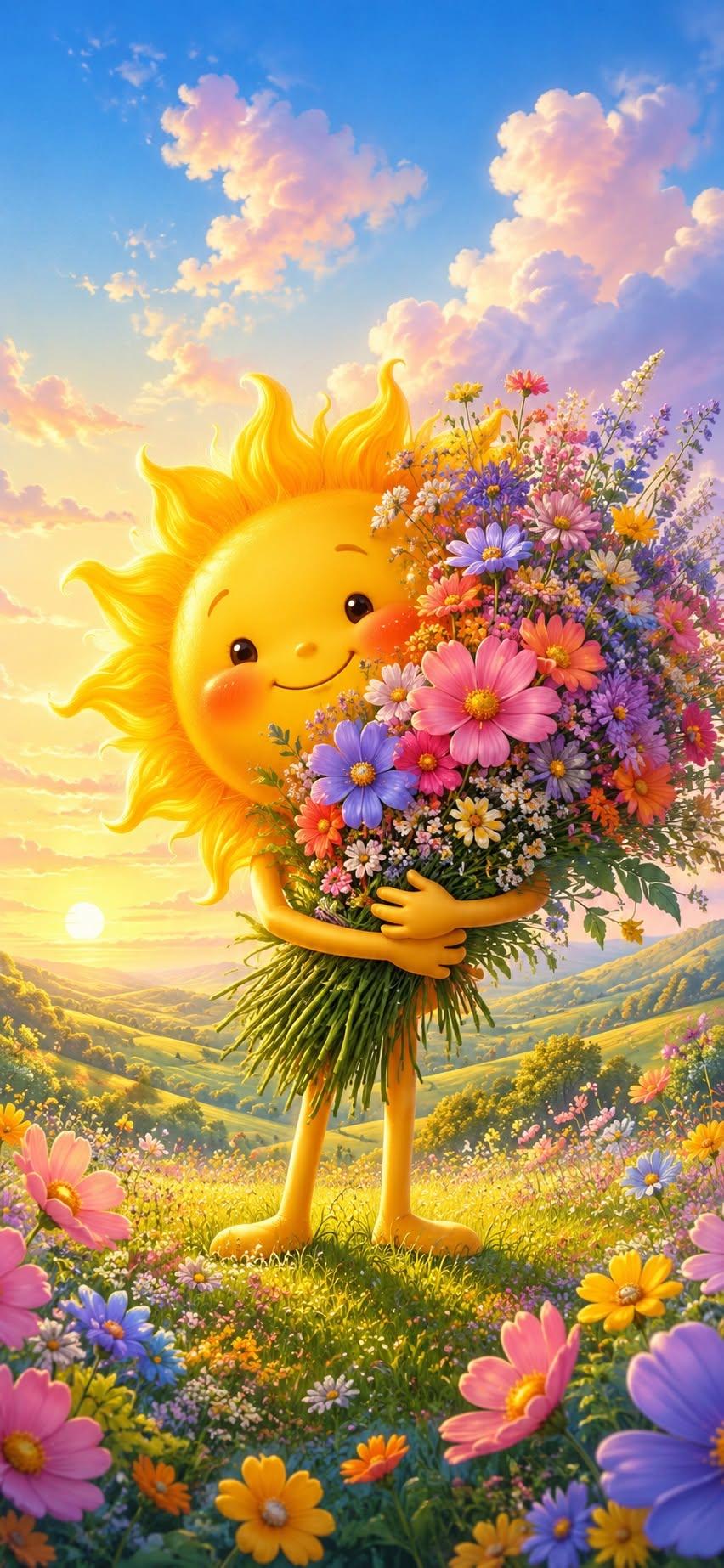 Smiling Sunshine Holding a Wildflower Bouquet | Whimsical Spring Wallpaper