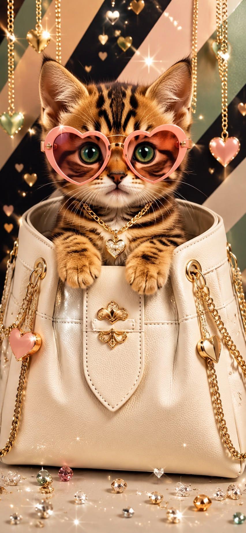 Cute Bengal Kitten in a Luxury Handbag | Fashion Aesthetic Wallpaper