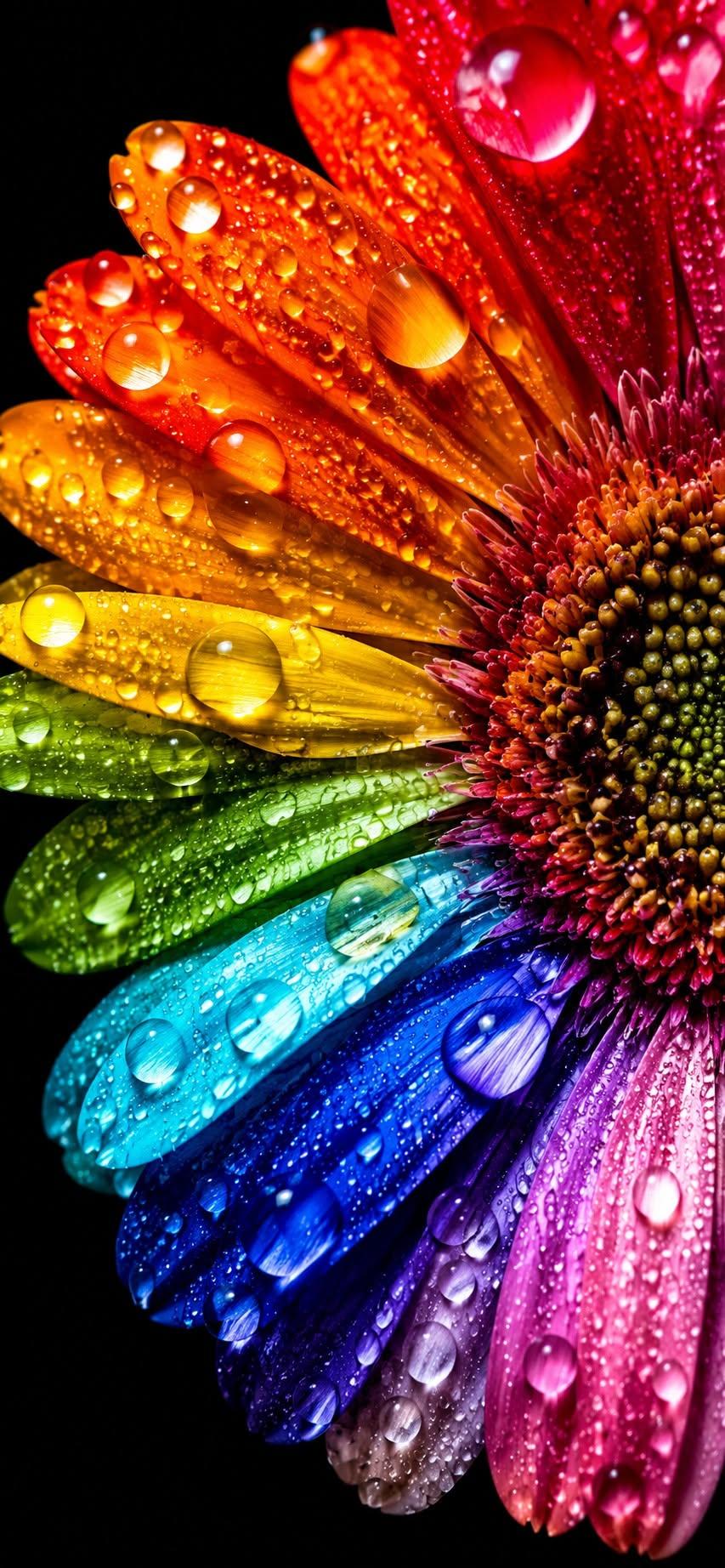 Rainbow Dew Flower Macro | Vibrant Floral Aesthetic Wallpaper