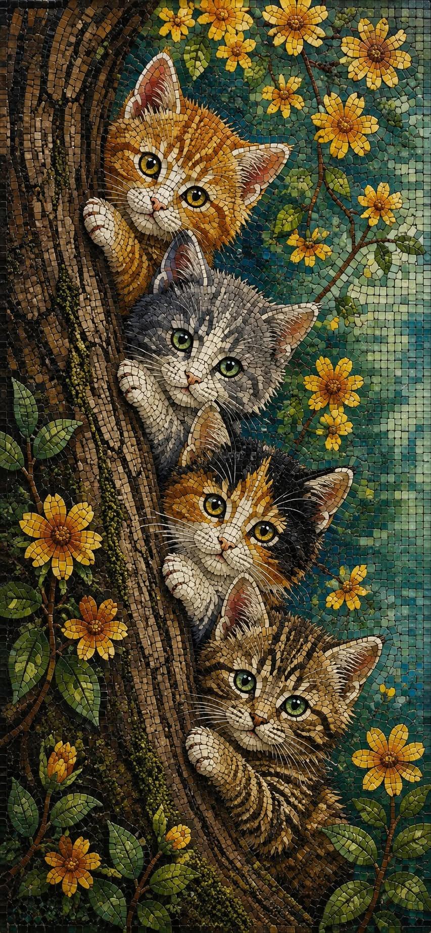 Colorful Mosaic Kittens Peeking from a Tree | Artistic Cat Wallpaper