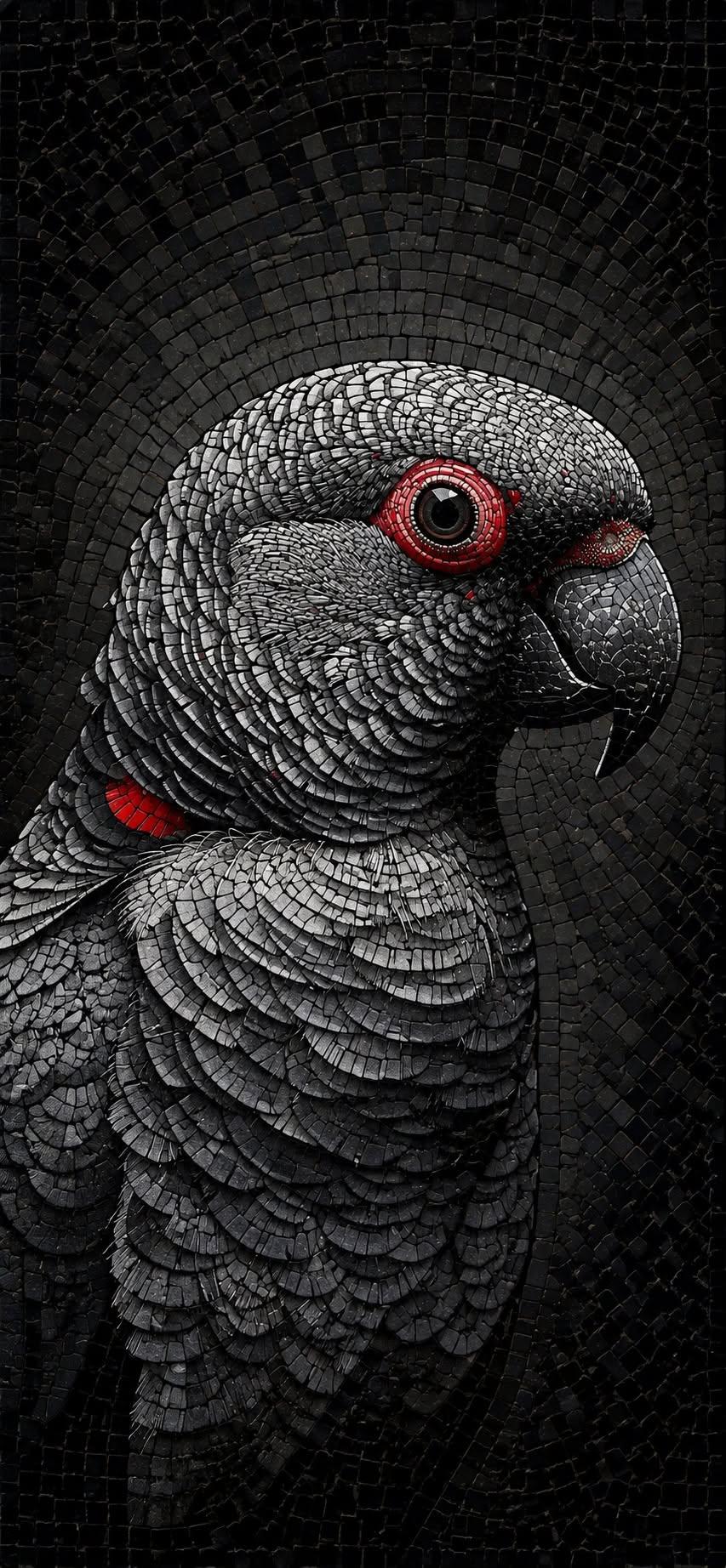 Black Mosaic Parrot Wallpaper | Elegant Stone Bird Art
