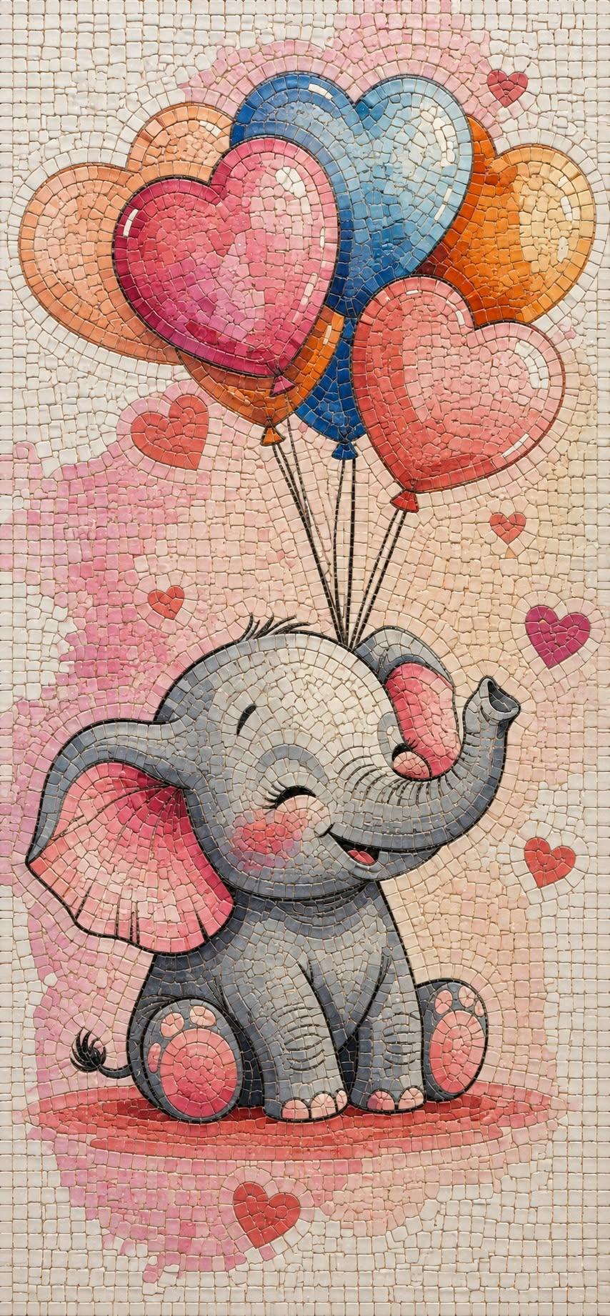 Cute Baby Elephant Mosaic Wallpaper with Heart Balloons