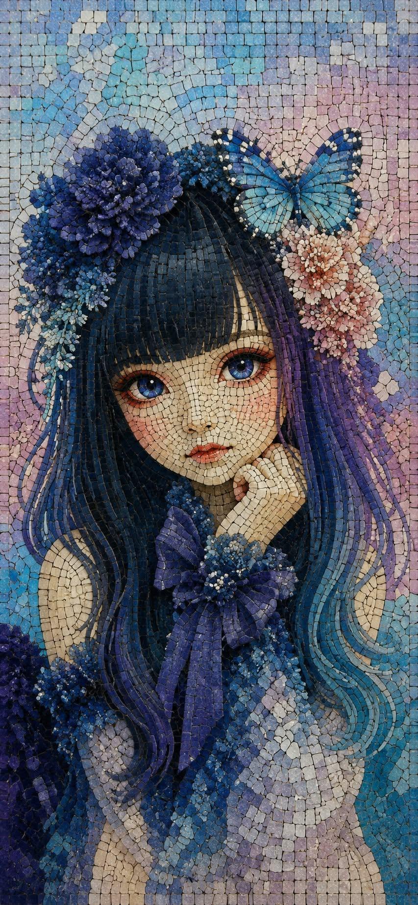 Blue Anime Girl Mosaic Wallpaper – Dreamy Butterfly Fantasy Art