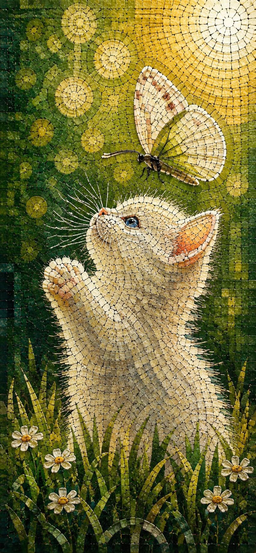 Cute White Kitten Mosaic Wallpaper with Butterfly and Wildflowers