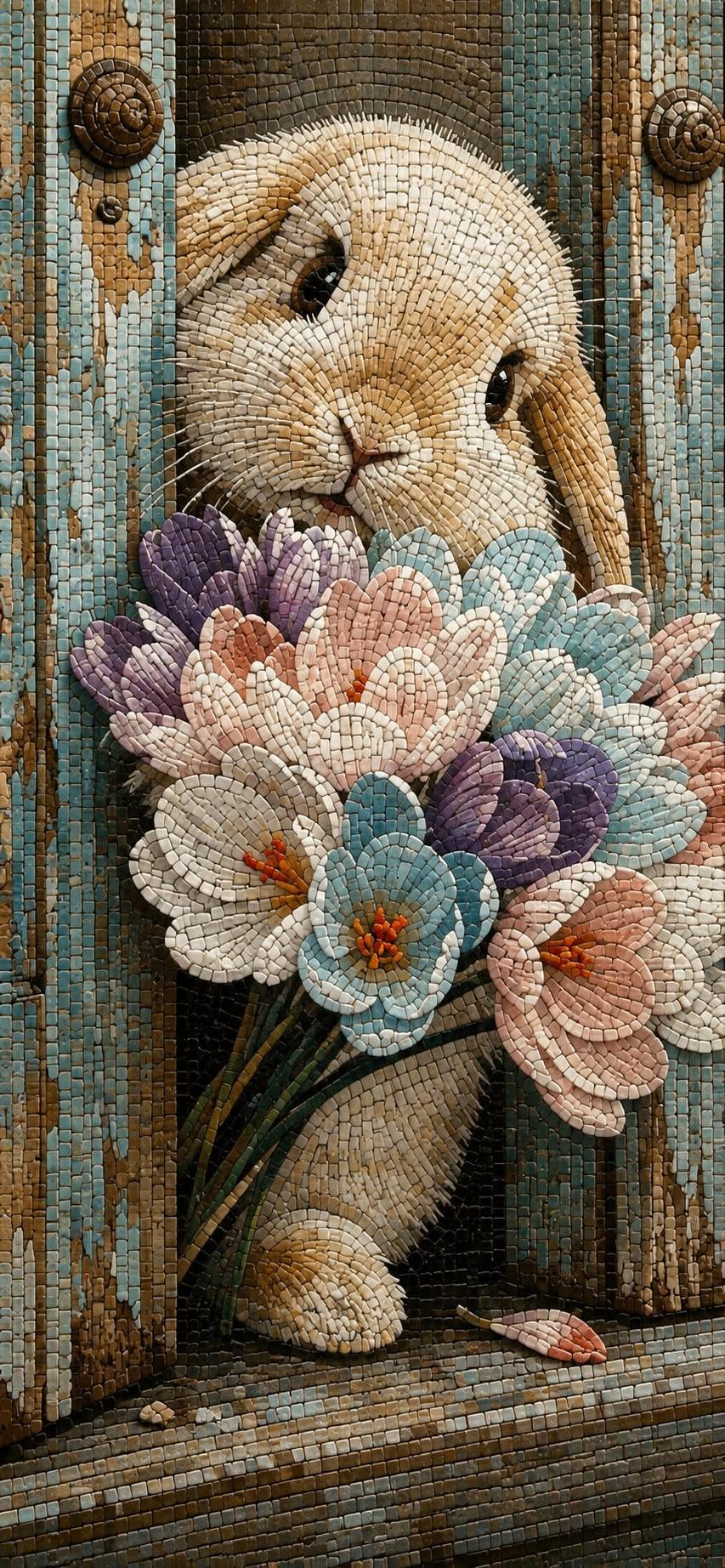 Charming Mosaic Bunny with Spring Flowers Wallpaper