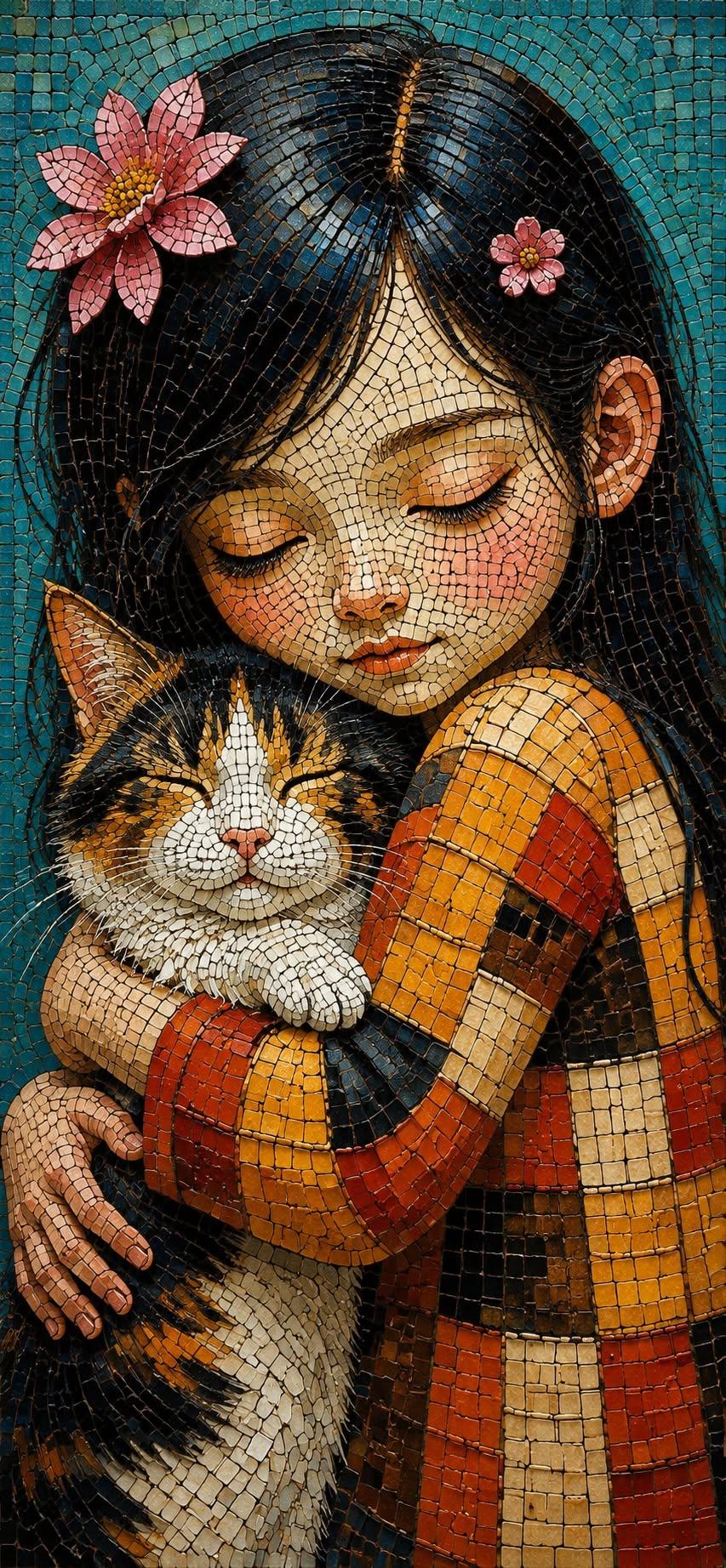 Whimsical Mosaic Girl Hugging a Calico Cat Wallpaper