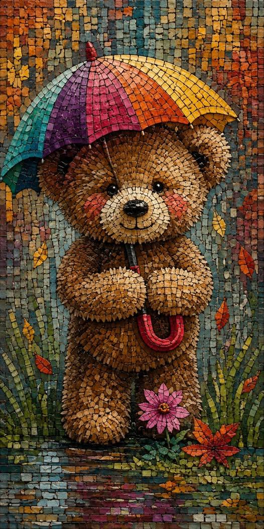 Cute Teddy Bear with Rainbow Umbrella Mosaic Wallpaper