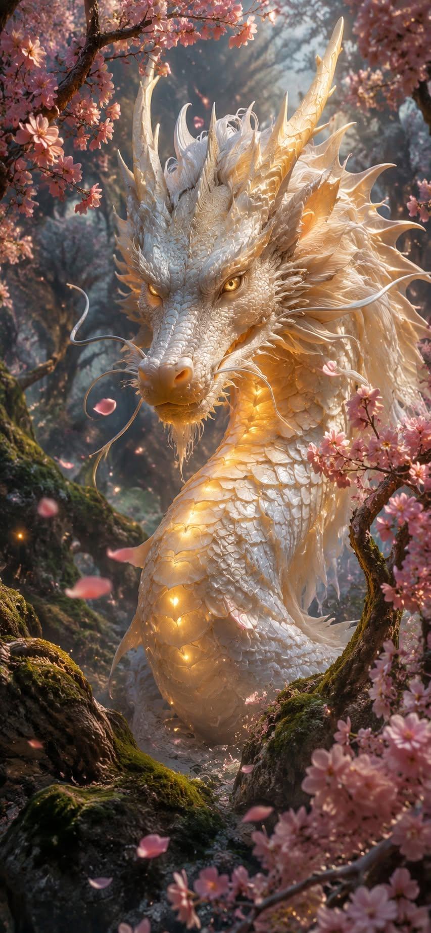 Celestial White Dragon Sakura Wallpaper 4K