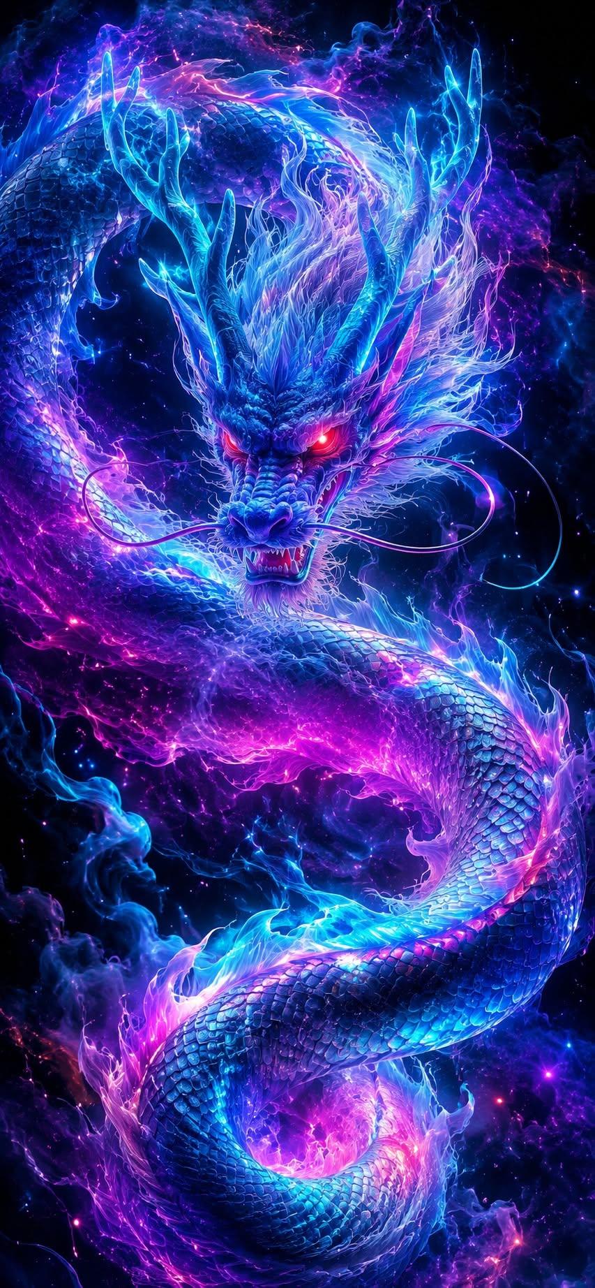 Cosmic Neon Eastern Dragon Wallpaper