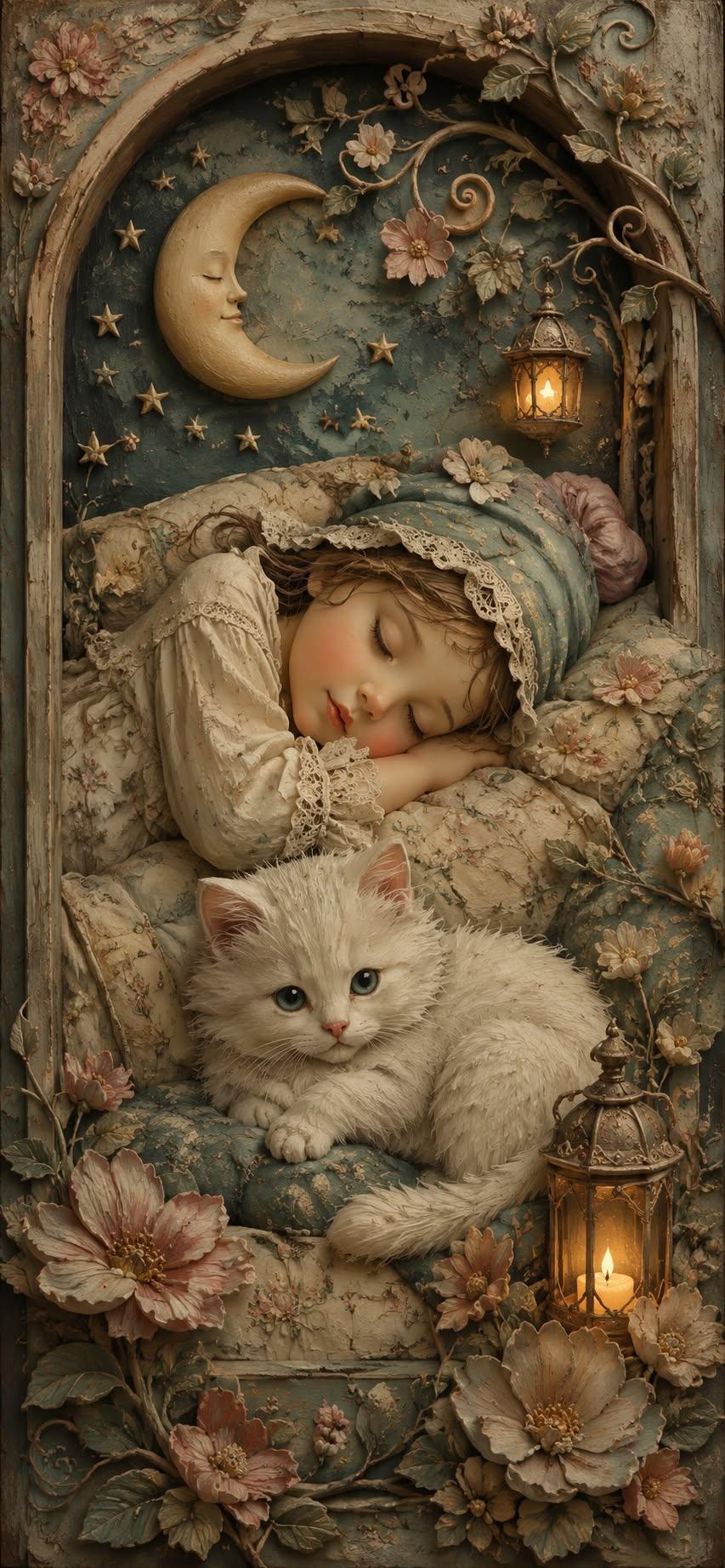 Dreamy Sleeping Girl and White Kitten Moonlit Fantasy Wallpaper